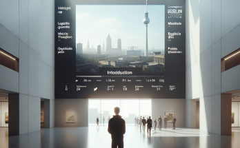 Visitor watching video introduction with exhibition highlights at Berlin museum entrance hall