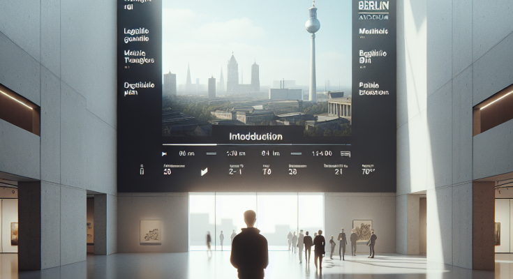 Visitor watching video introduction with exhibition highlights at Berlin museum entrance hall